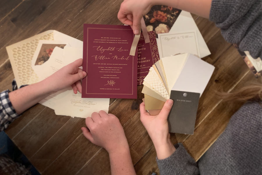 Close up of custom designed invitations from Peabody Papers